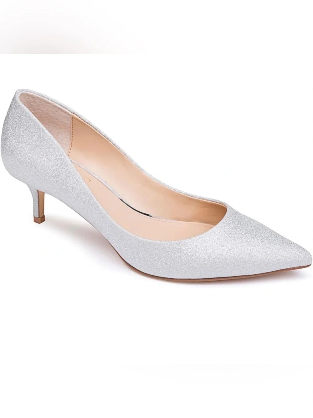 Jewel Badgley Mischka Women’s Silver Glitter Pointed Toe Kitten Heel Pumps US 8